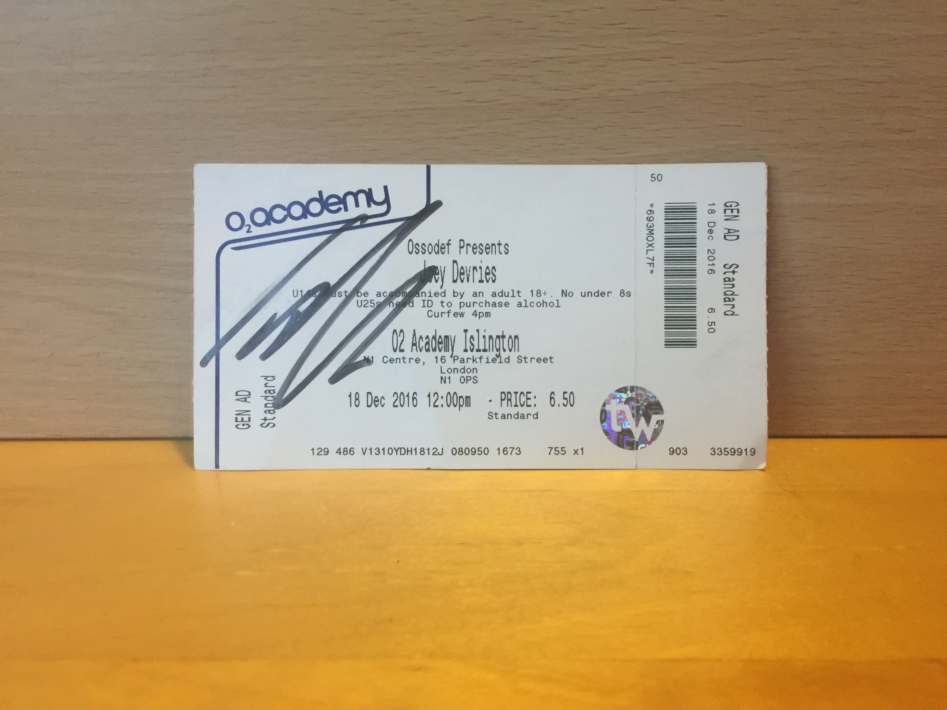 Joey Devries Signed Concert Ticket