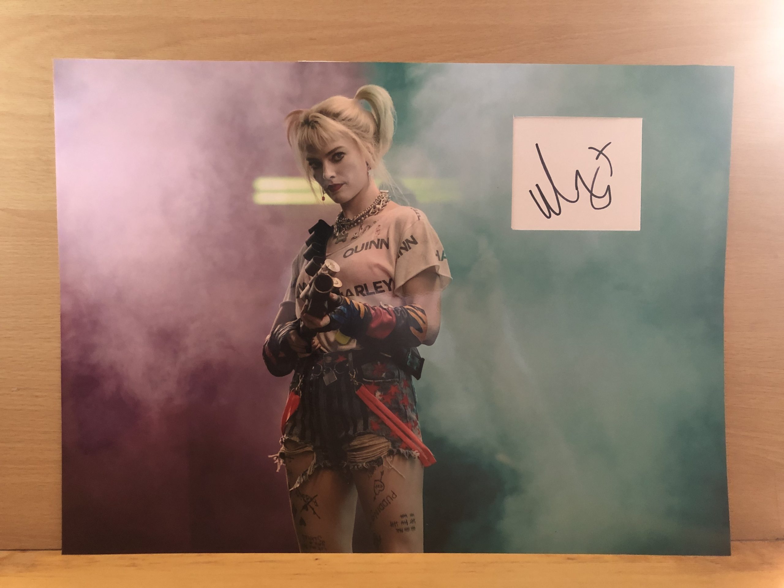 Margot Robbie Signed White Card Within A3 Colour Photo Margot Robbie Signed White Card Within A3 Colour Photo