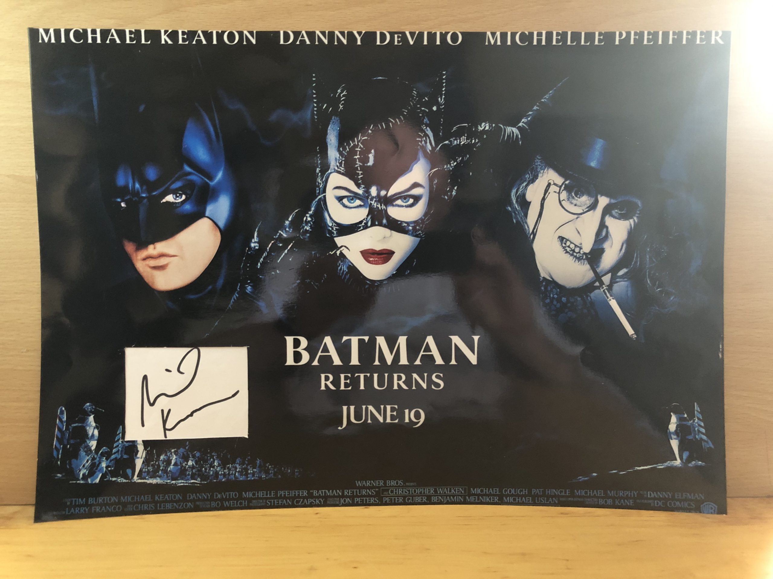 Michael Keaton Signed White Card Within A3 Colour Photo Michael Keaton Signed White Card Within A3 Colour Photo