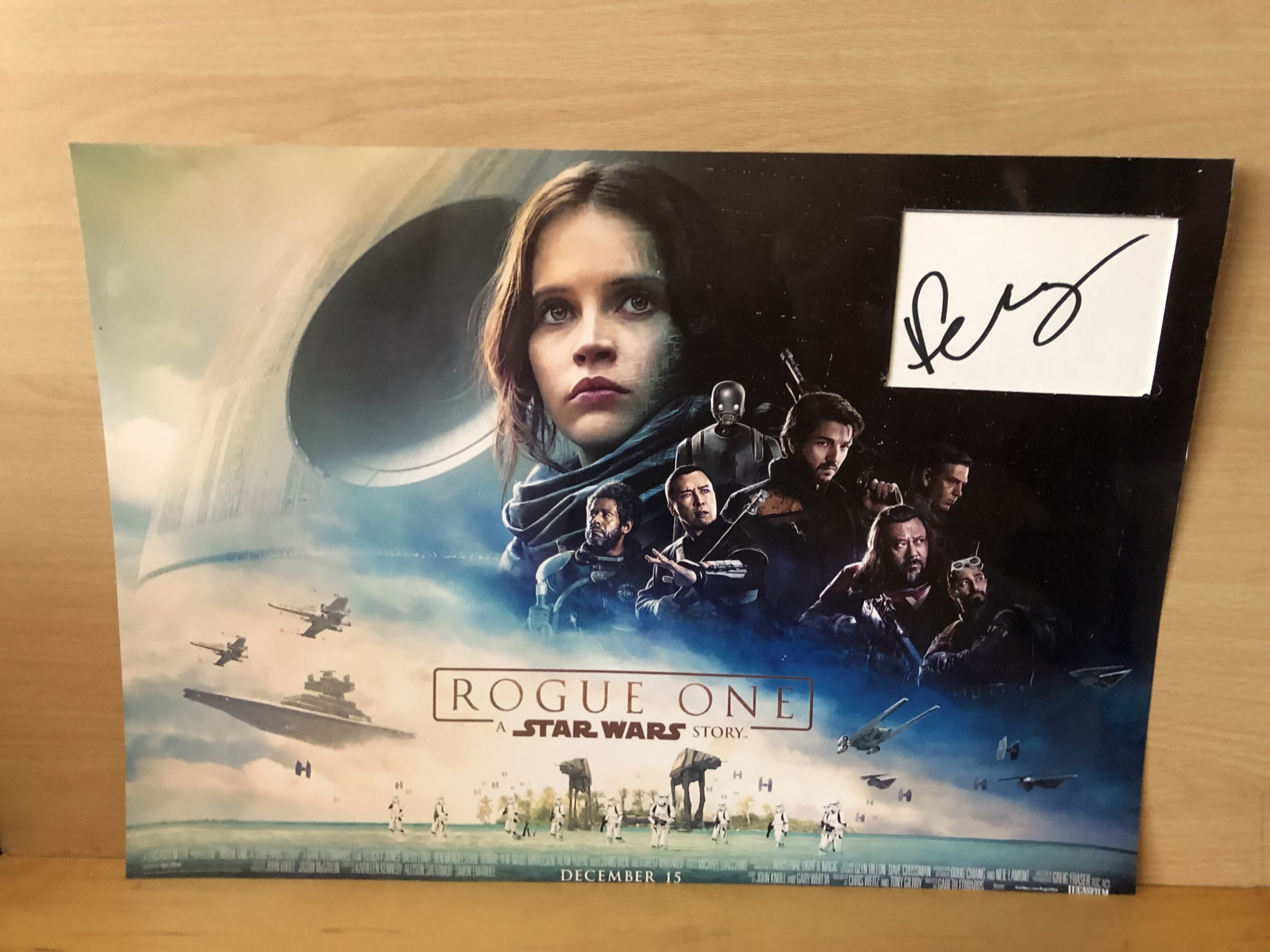 Felicity Jones Signed White Card Within A3 Colour Photo Felicity Jones Signed White Card Within A3 Colour Photo