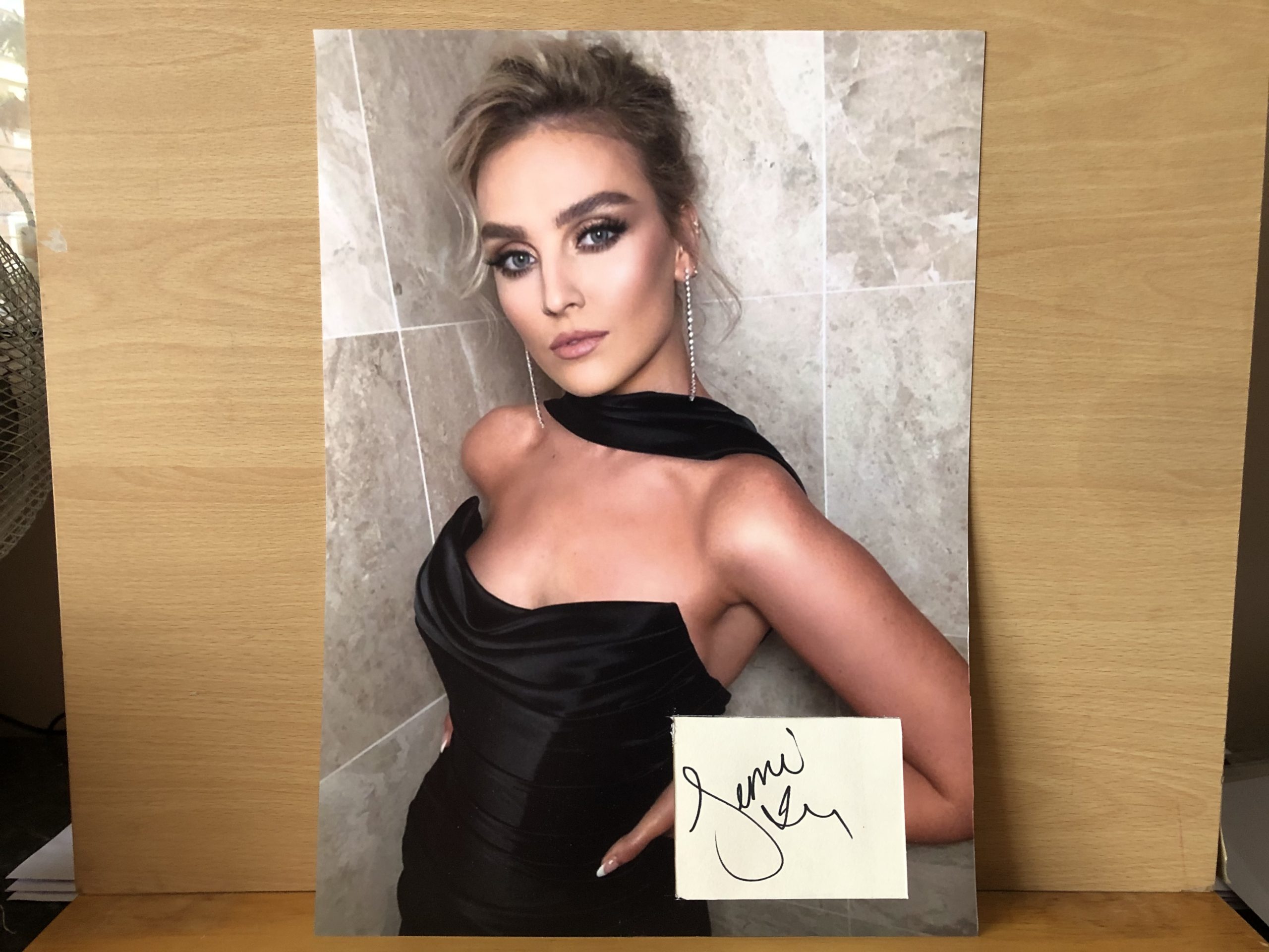 Perrie Edwards Signed White Card within A3 Colour Photo Perrie Edwards Signed White Card within A3 Colour Photo