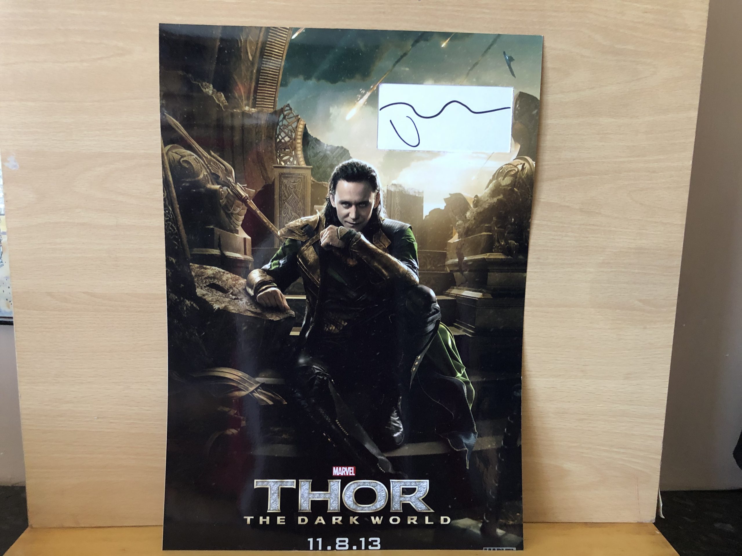 Tom Hiddleston Signed White Card within A3 Colour Photo Tom Hiddleston Signed White Card within A3 Colour Photo