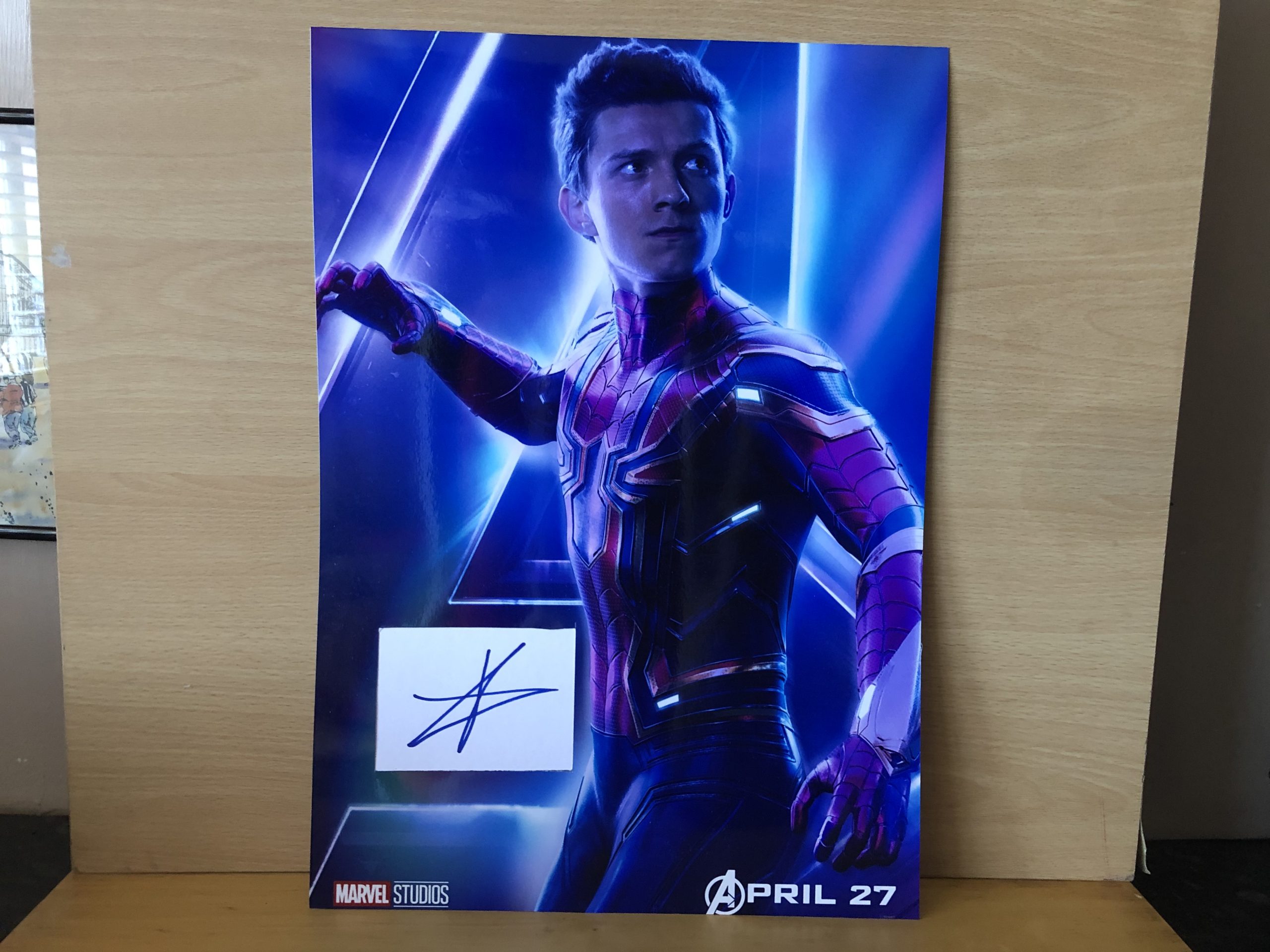 Tom Holland Signed White Card within A3 Colour Photo Tom Holland Signed White Card within A3 Colour Photo