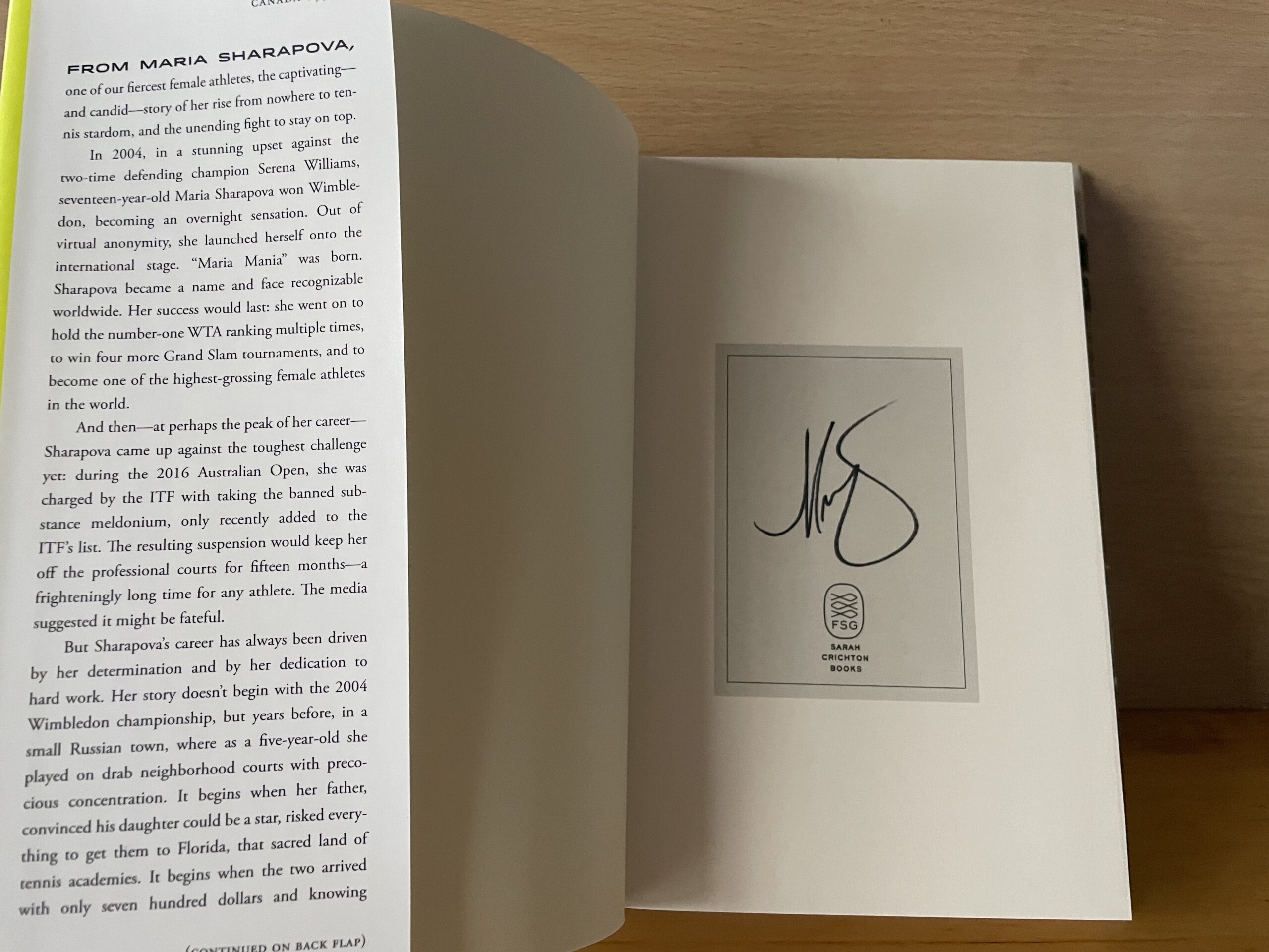 Maria Sharapova Signed Book
